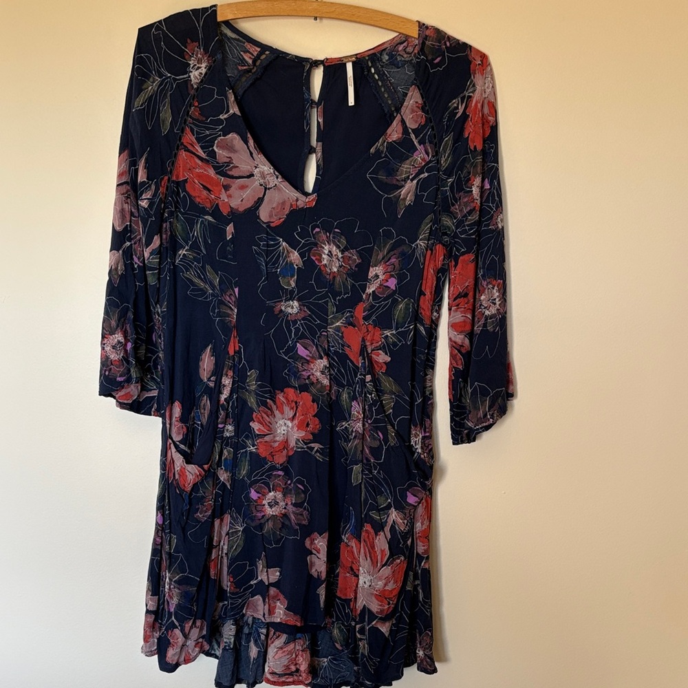 Free People Navy Floral Keyhole Tunic with Red and Pink Blooms